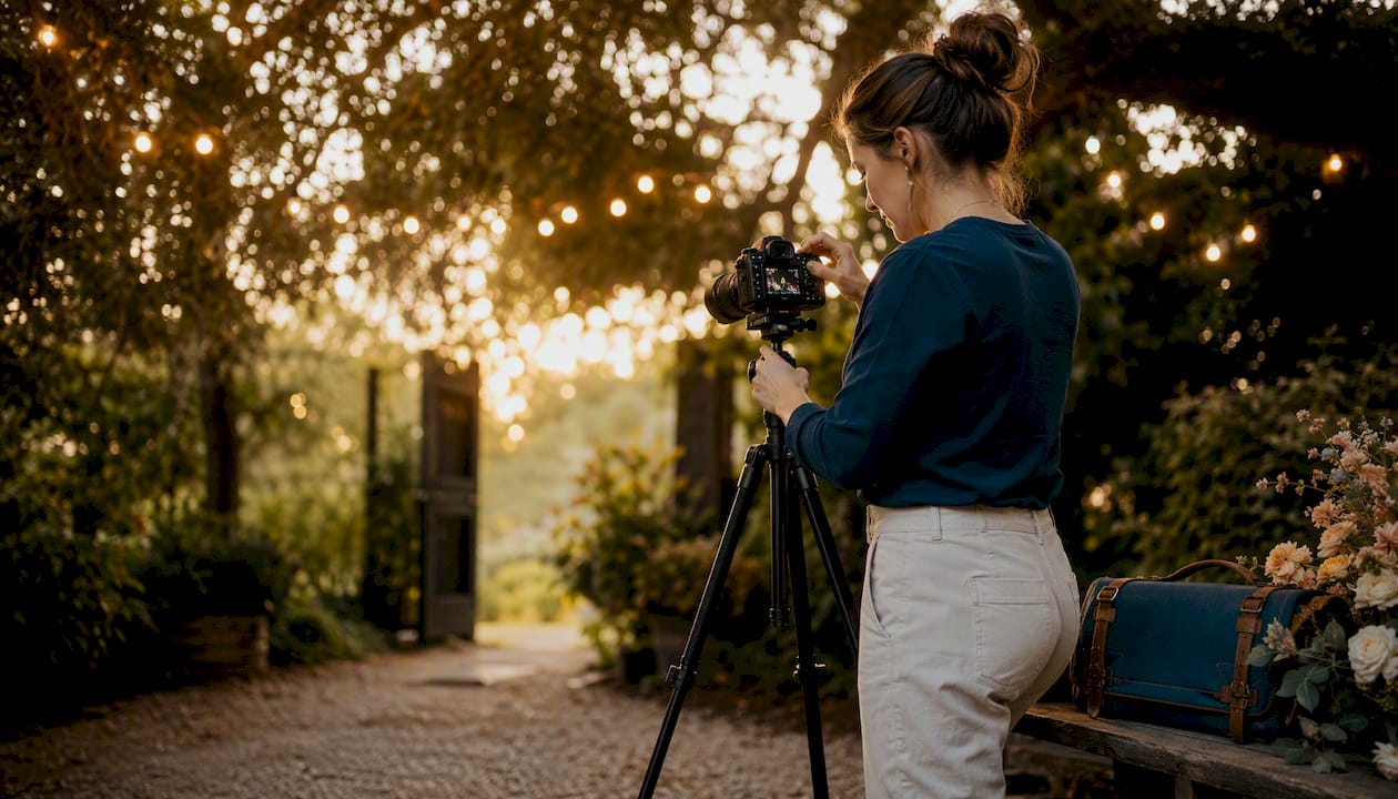 Photographer preparing camera for wedding exit photos