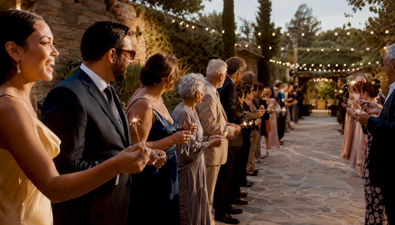 Wedding guests preparing to line exit pathway