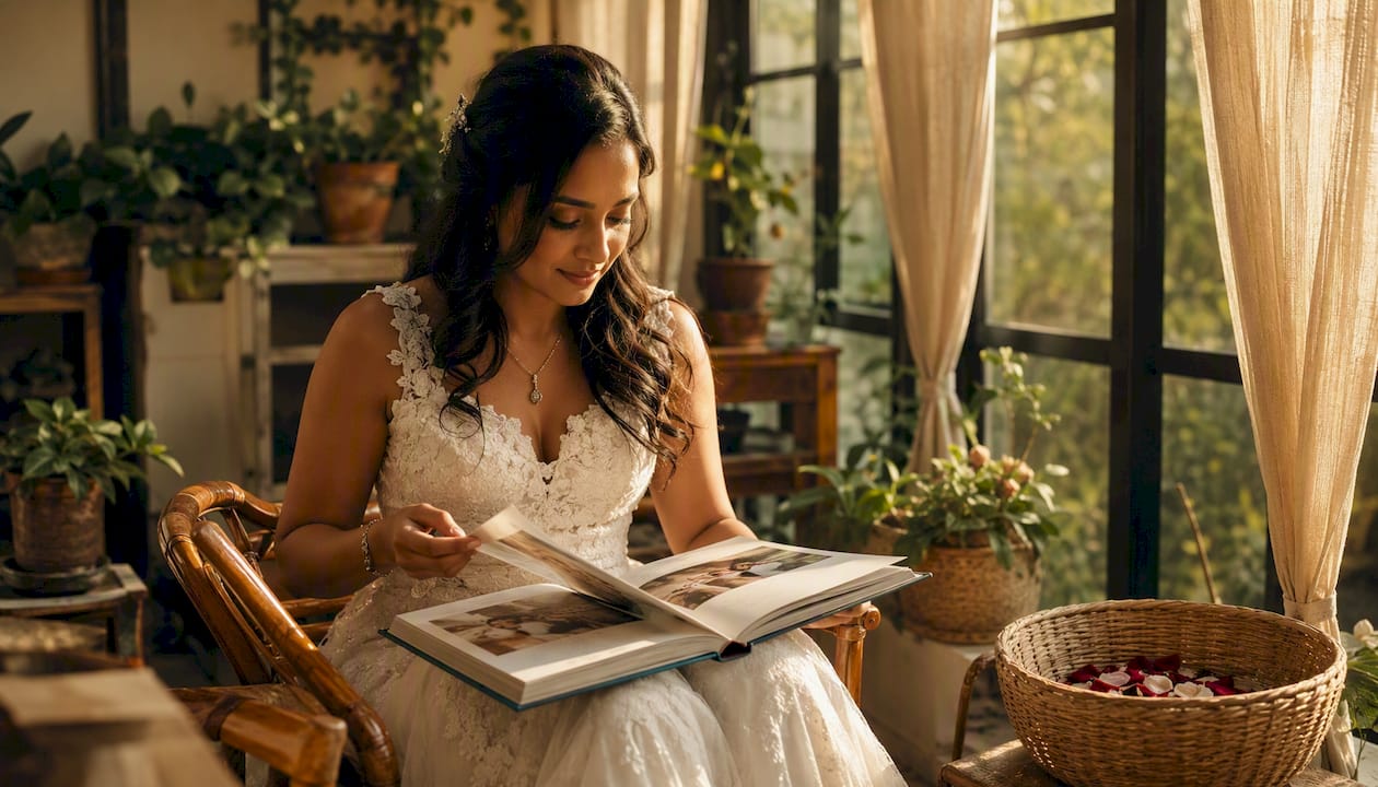 Bride looking through wedding photo album at home