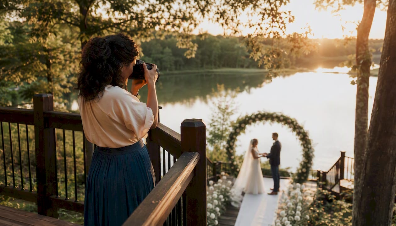 Wedding photographer capturing groom at outdoor ceremony