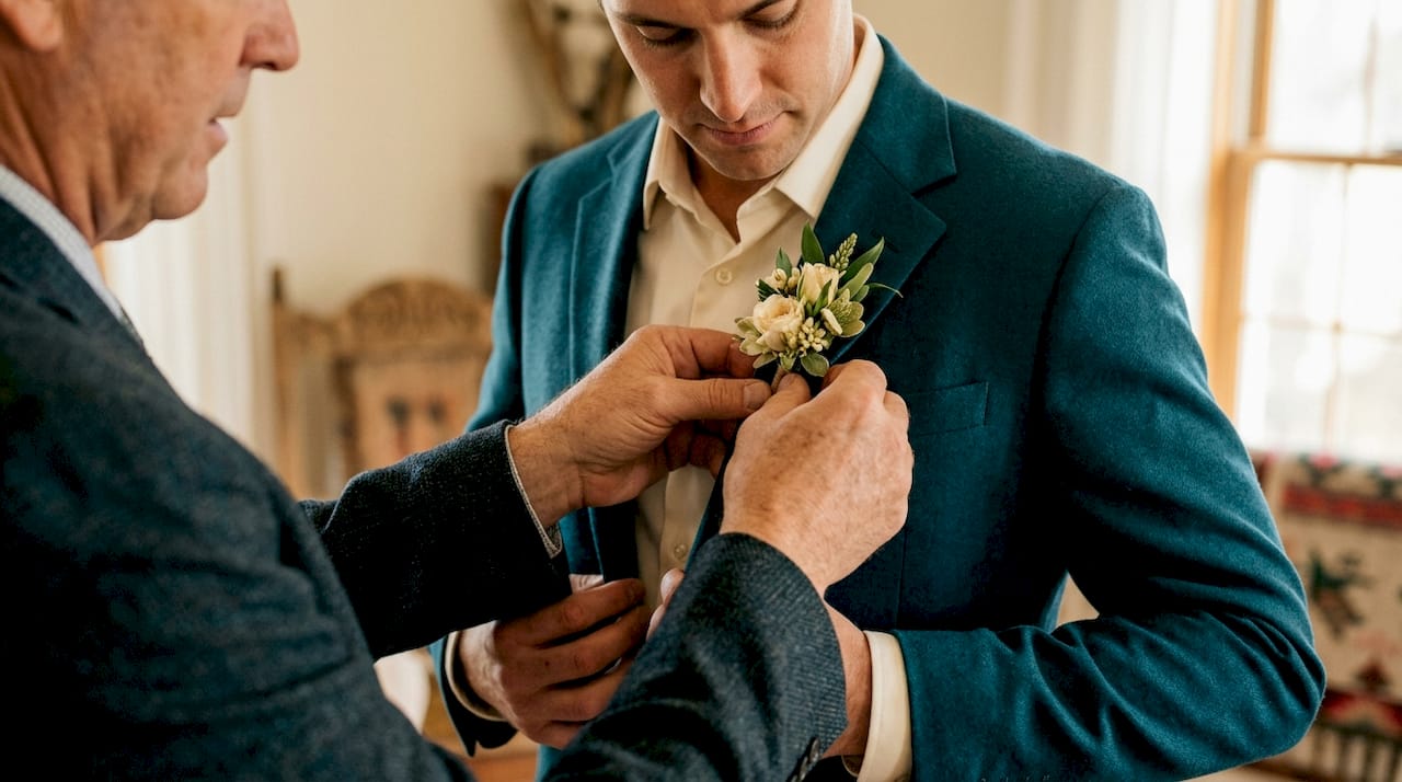 Father pinning boutonniere on groom jacket