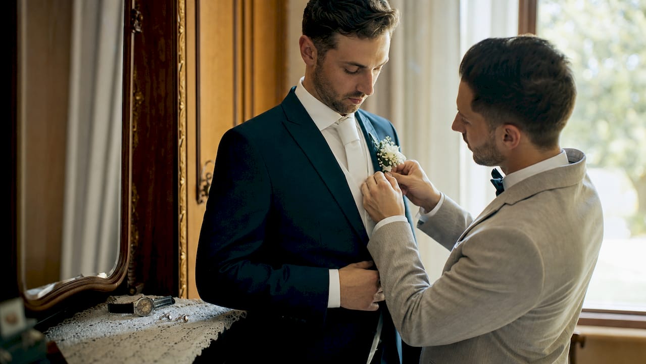 Best man pinning boutonniere on groom