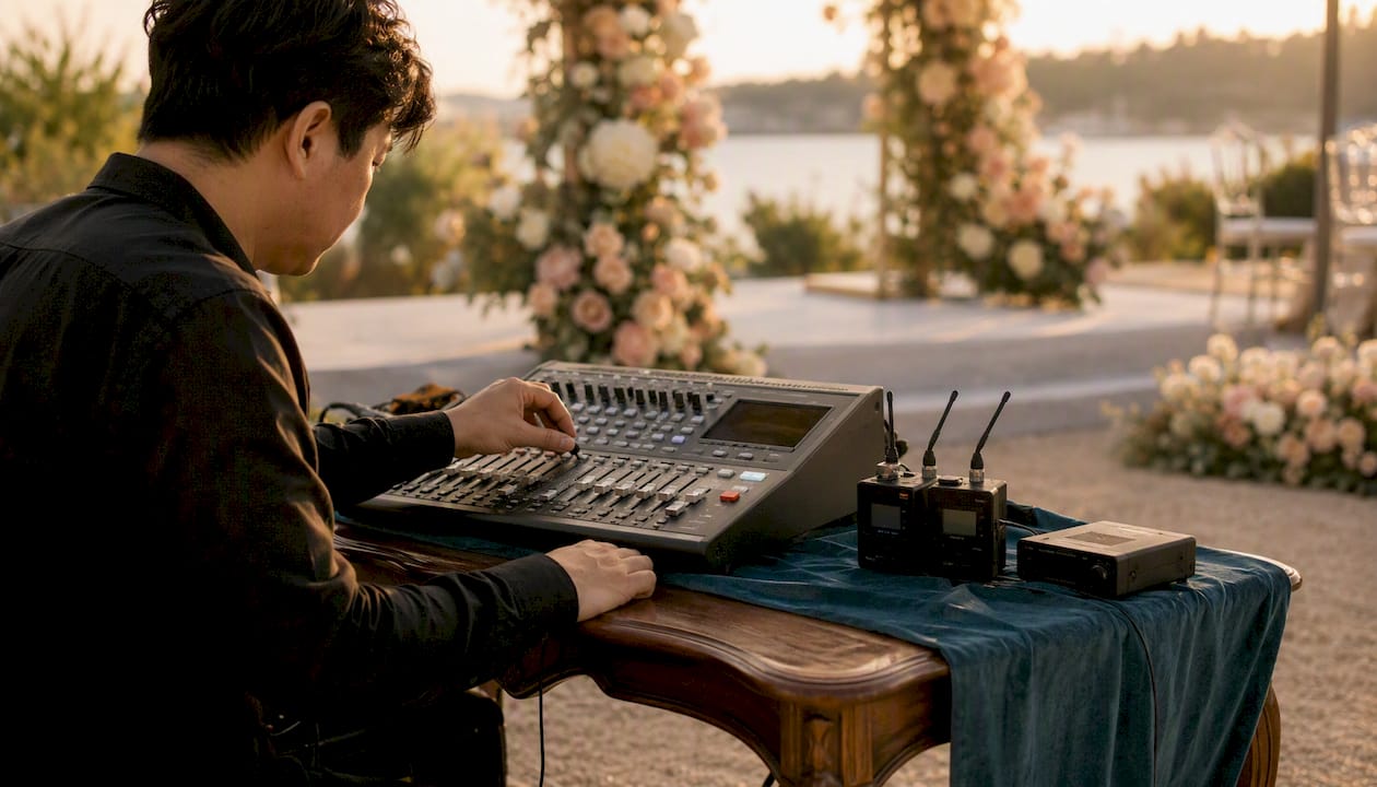 Professional audio equipment at wedding altar