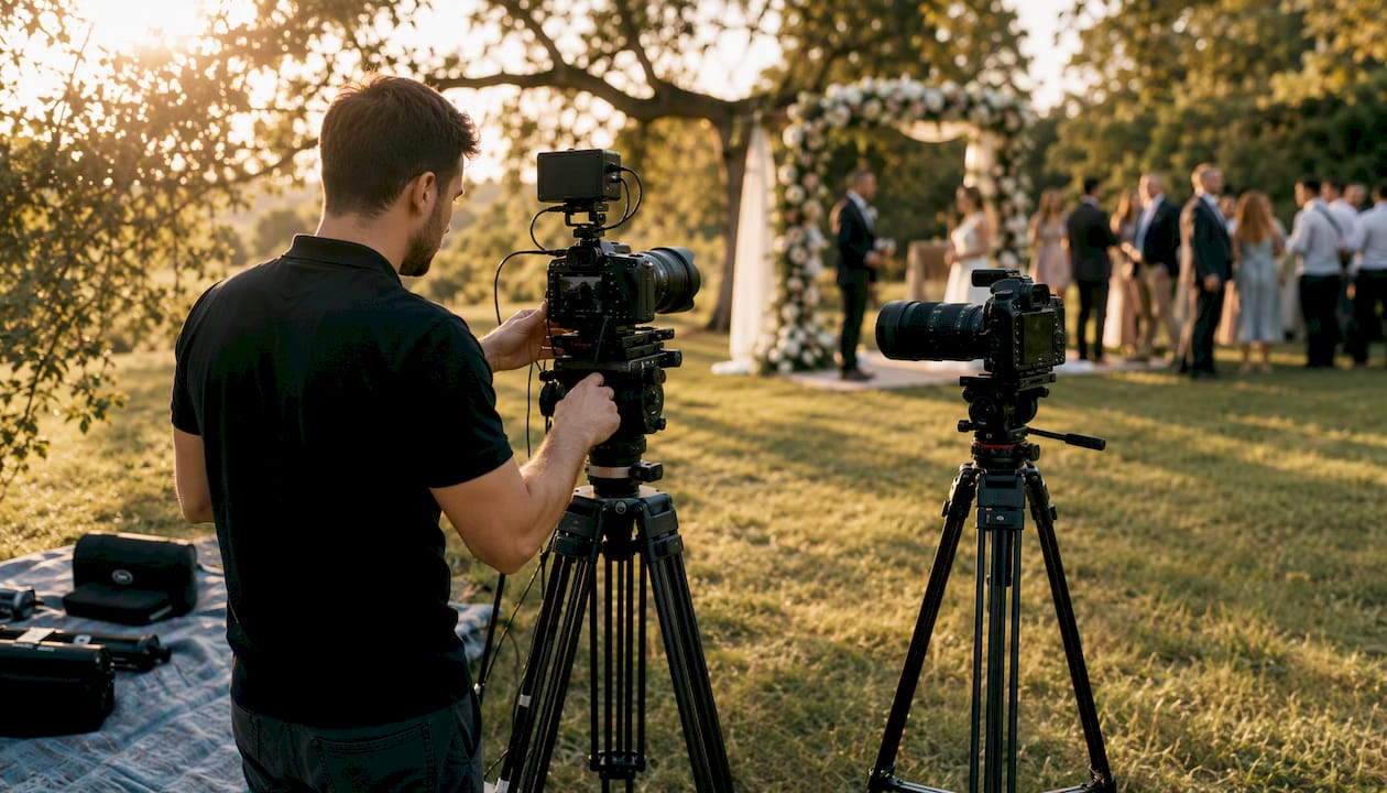 Videographer setting up cameras at wedding altar