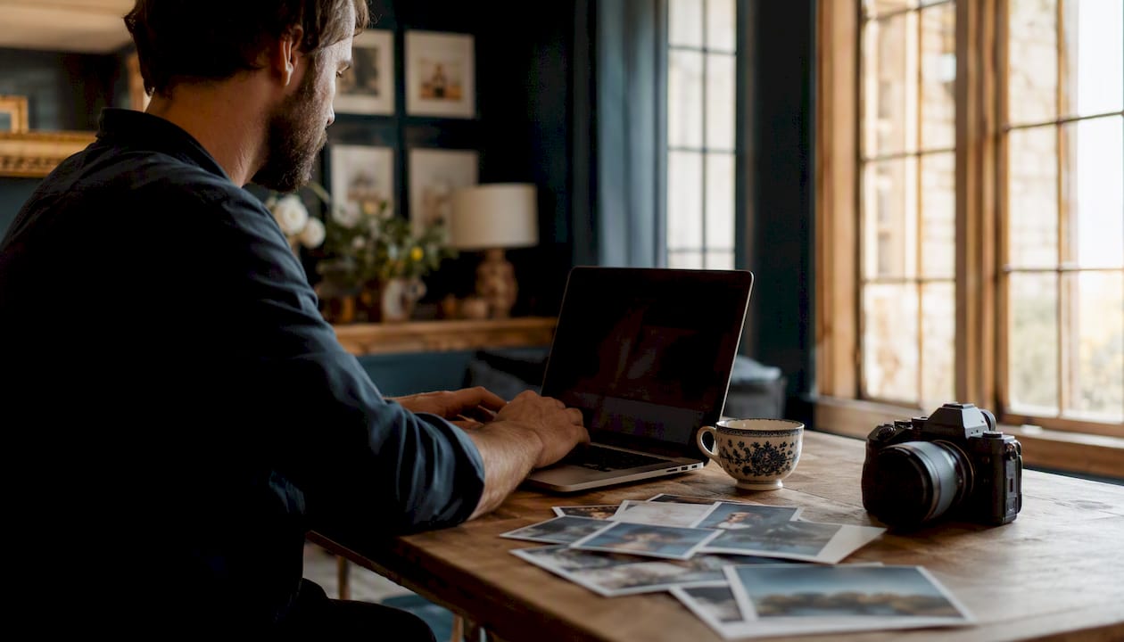 Photographer editing wedding photos indoors