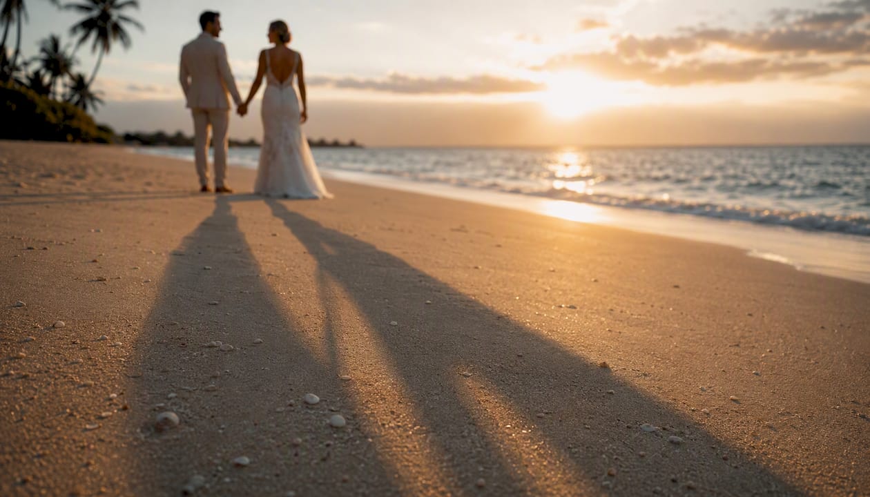 Golden hour wedding shadows on pavement