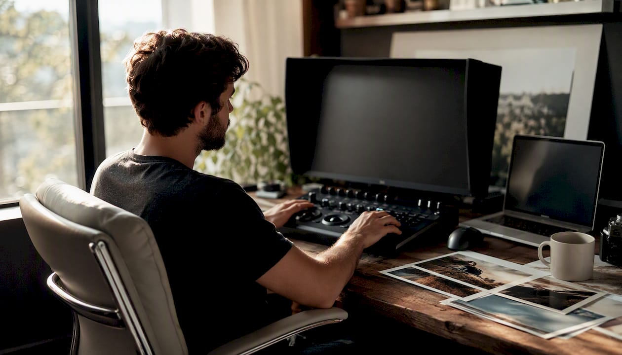 Wedding photo editing workspace with tools