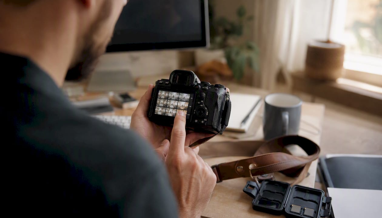 Photographer selecting images on camera screen