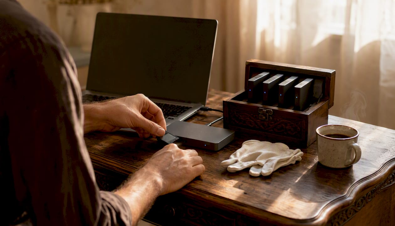 Hands offloading wedding memory card to backup drives