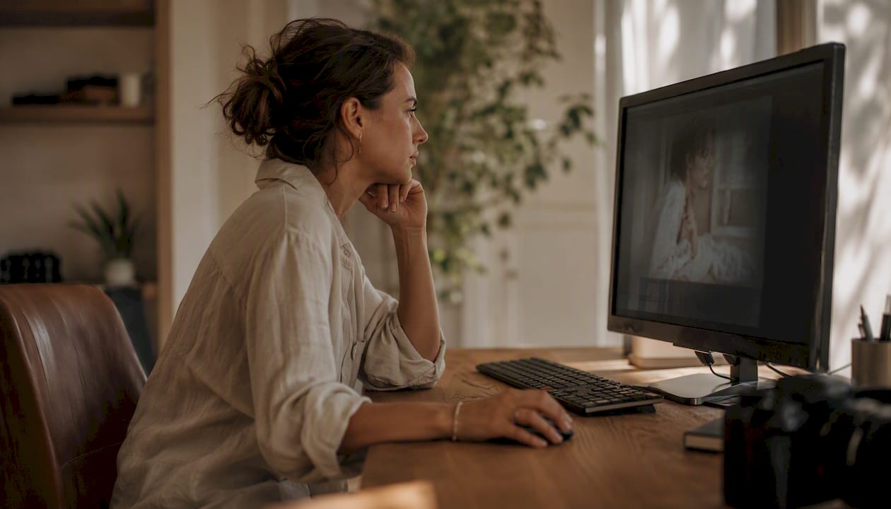 Photographer thoughtfully reviewing images on monitor