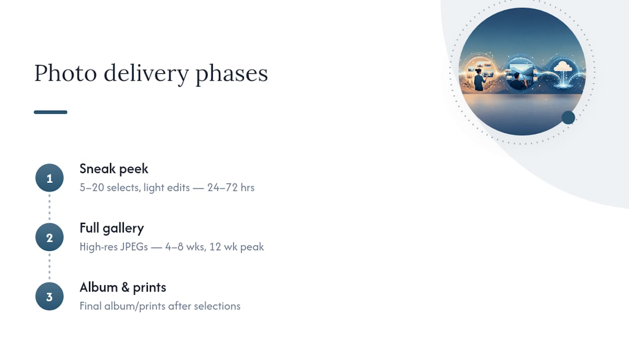 Wedding photo delivery timeline phases