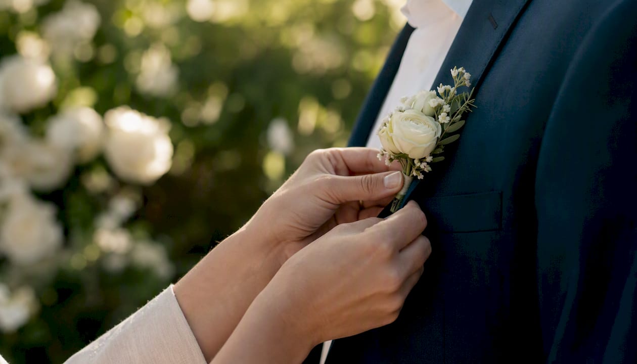 Close-up of boutonniere pinned on groom's suit