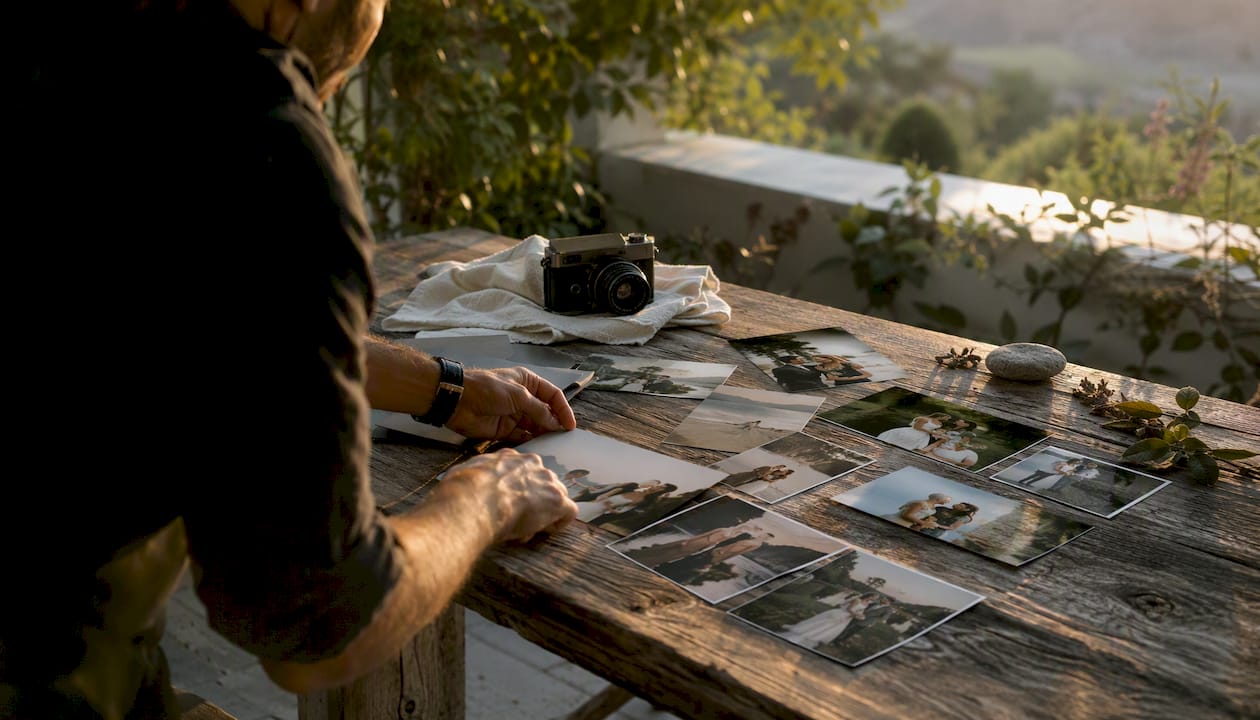 Hands arranging photo narrative prints on table