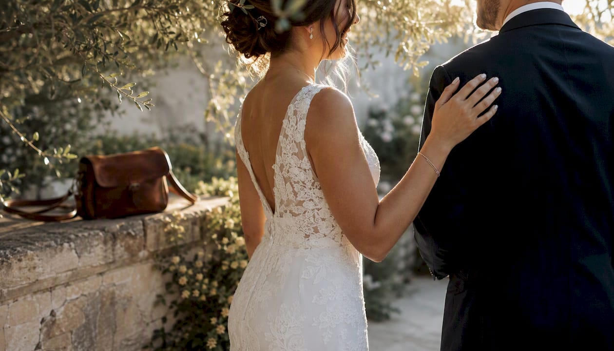Bride’s hand touching groom’s arm at first look