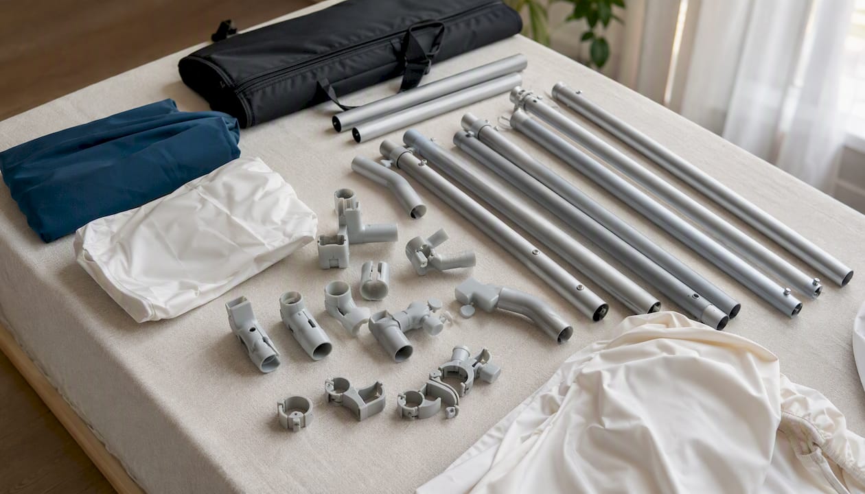 Backdrop frame hardware components on table