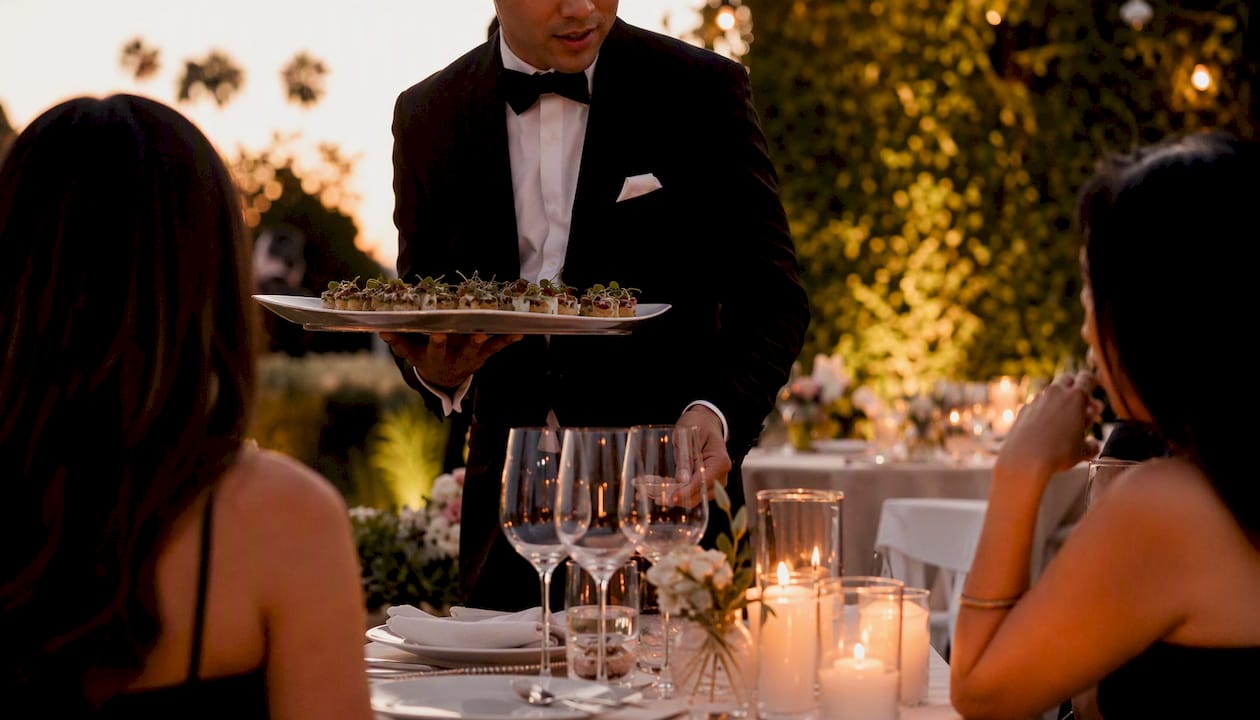 Caterer pouring champagne at formal event