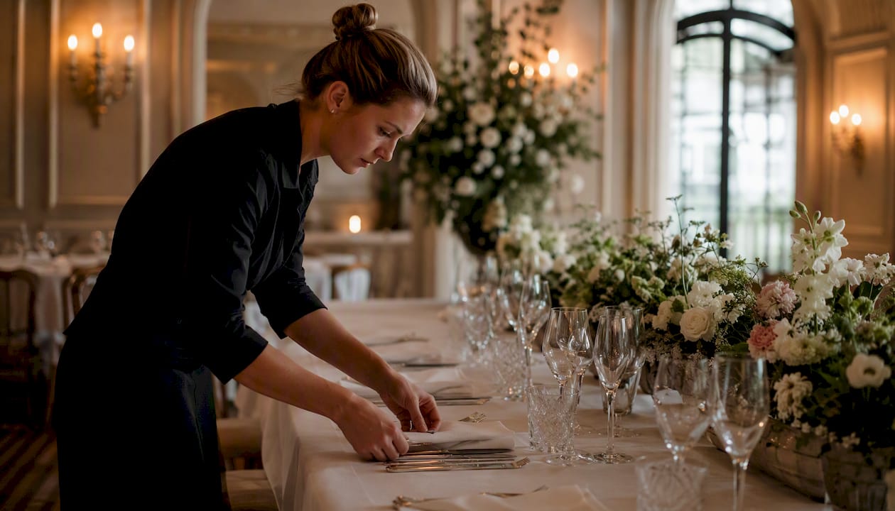 Caterer arranging table setting at luxury event