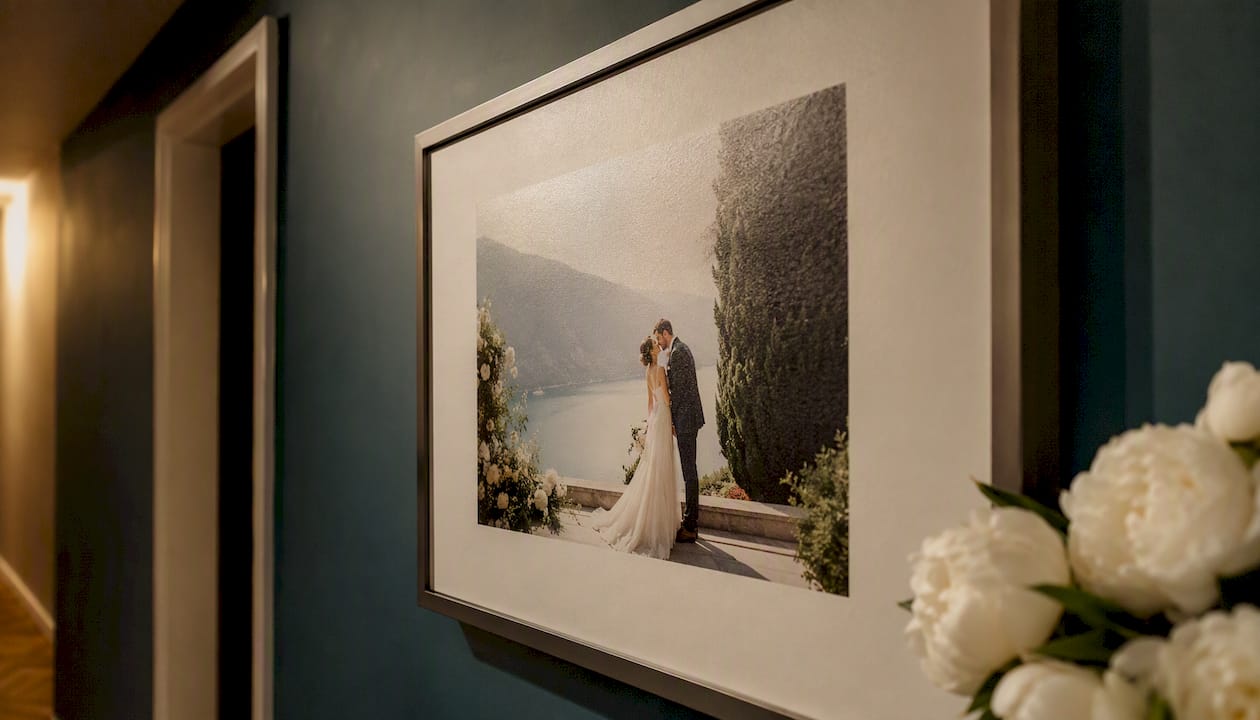 Large museum-grade wedding photo print on wall