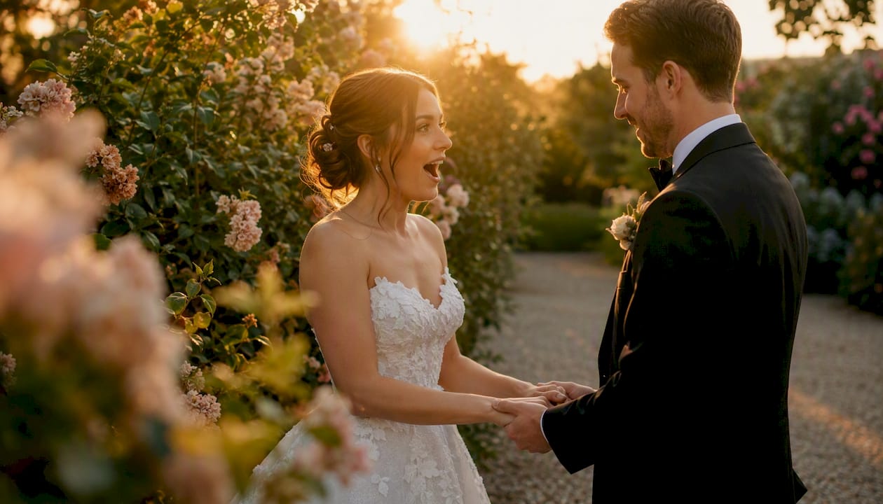 Couple sharing private first look moment outdoors