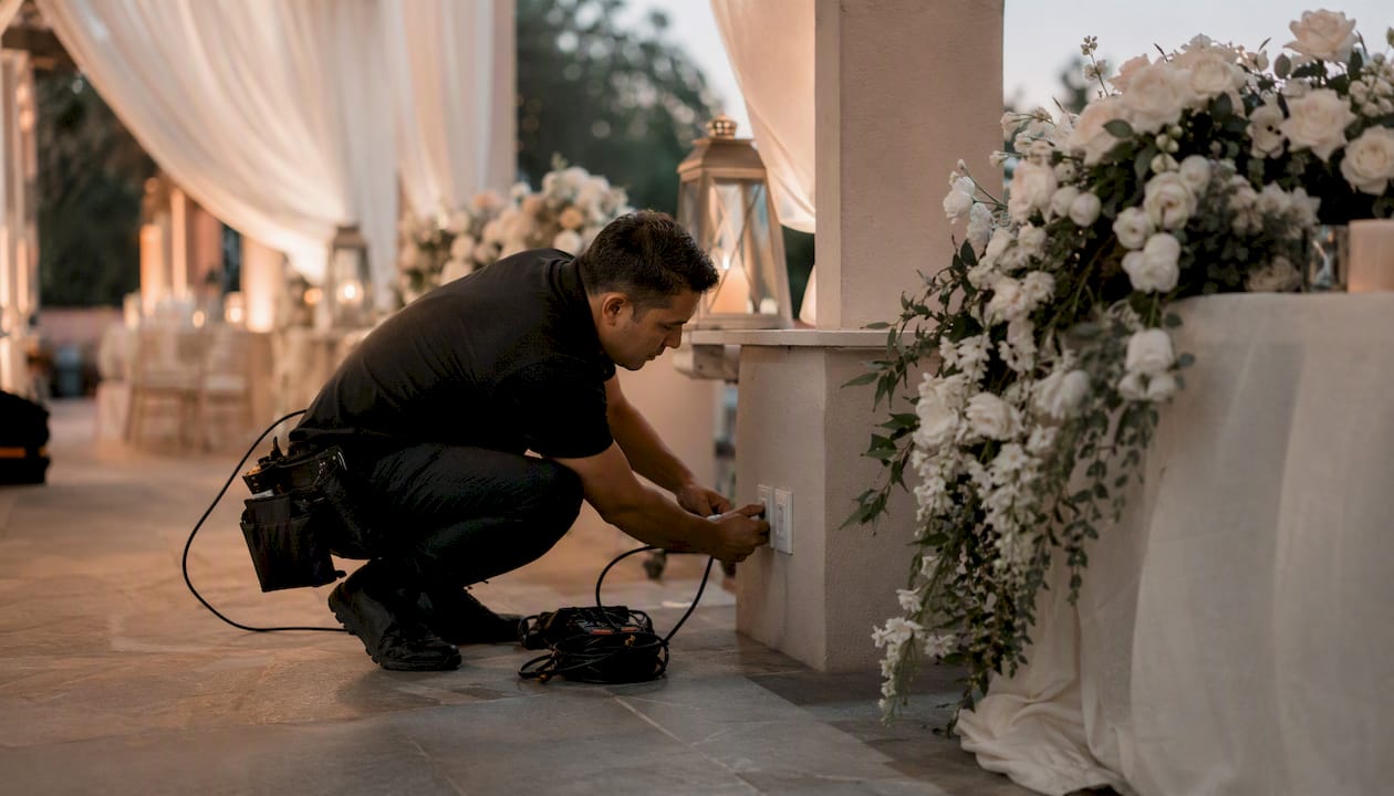 Hands plugging equipment into venue power outlet