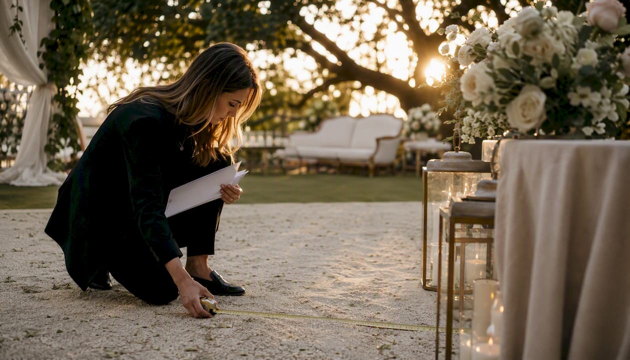 Planner measuring wedding venue space indoors