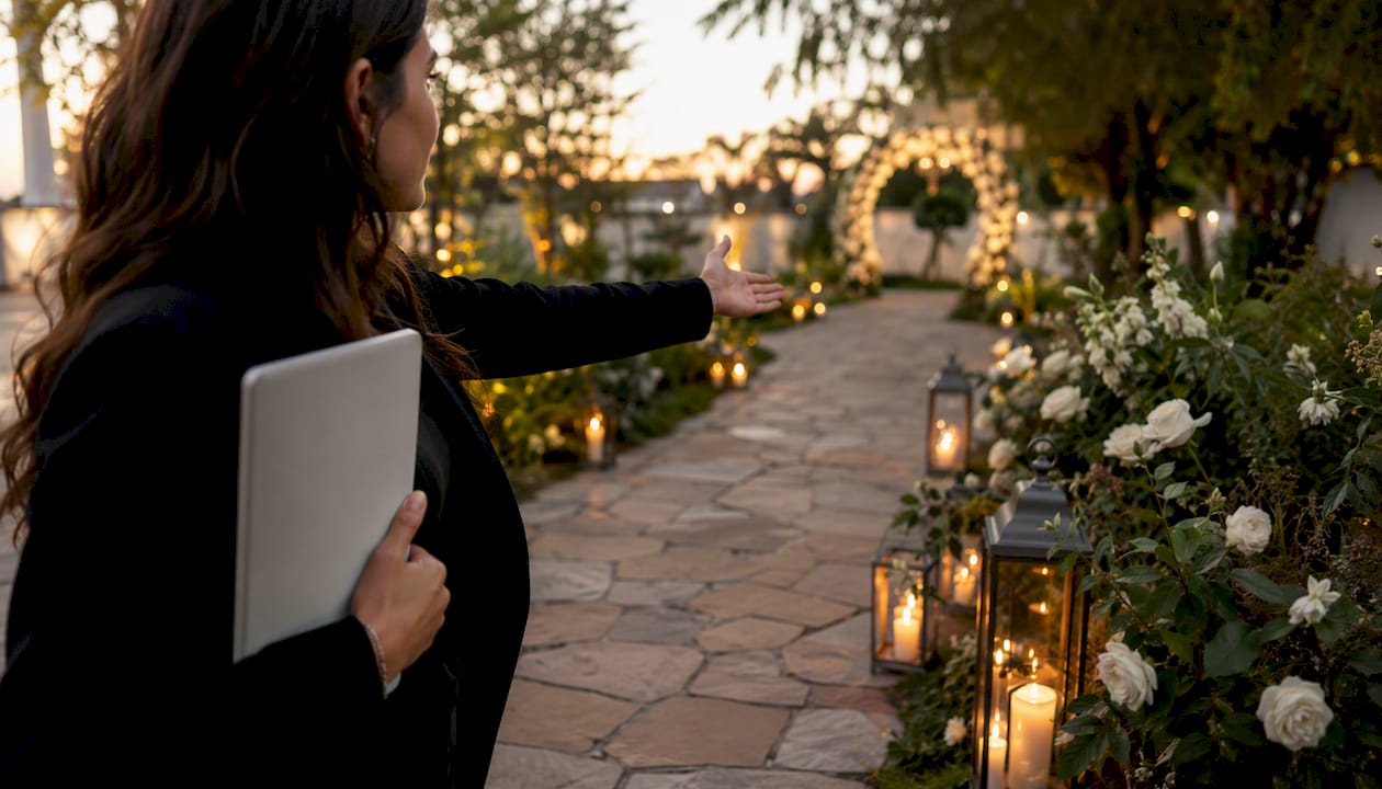 Planner inspecting outdoor guest path