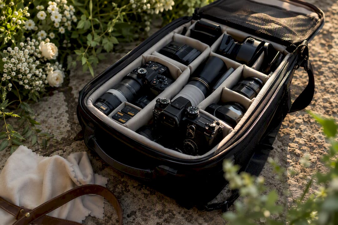 Open camera bag with backup equipment