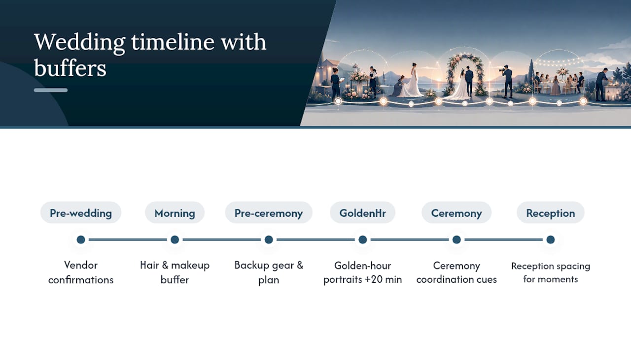 Wedding day timeline with buffers and key events