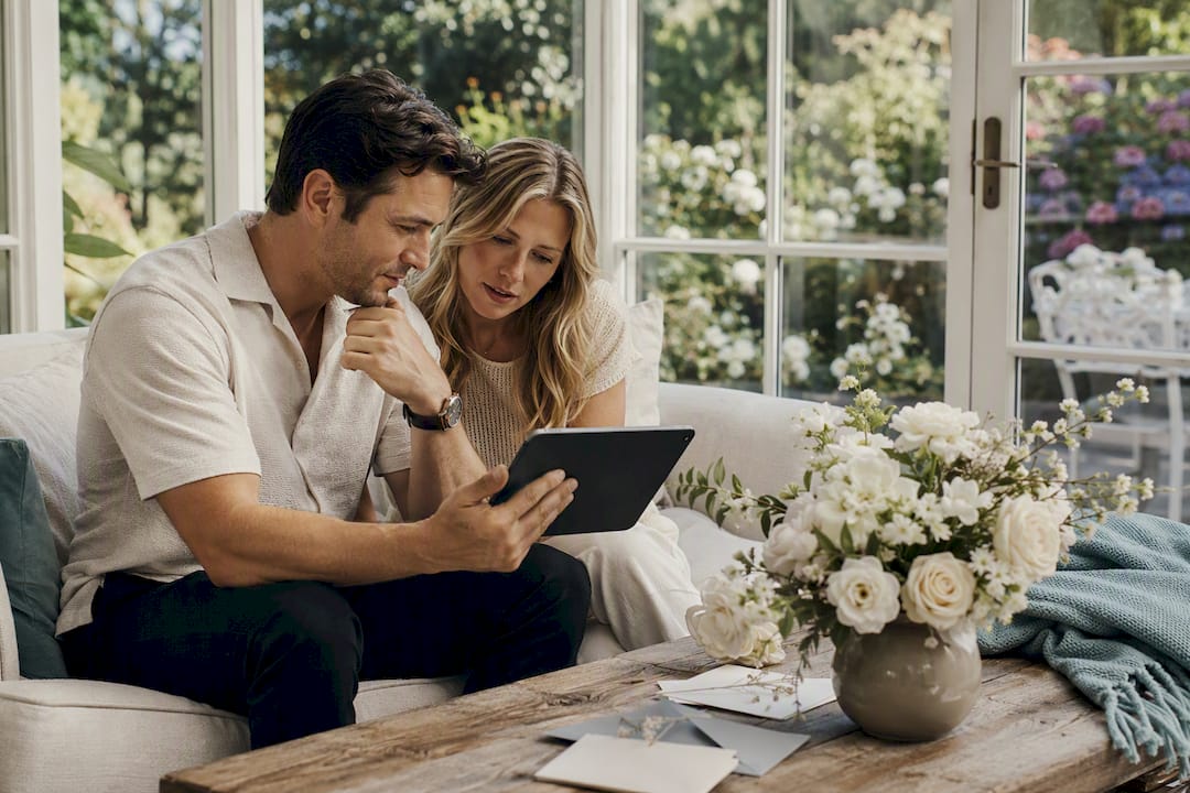 Couple reviewing wedding testimonials together