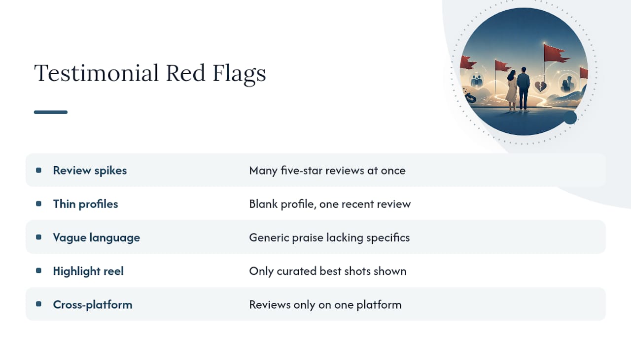 Diagram comparing testimonial red flags and characteristics