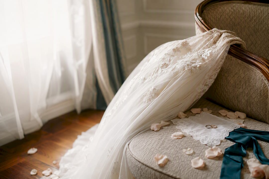Wedding dress and rings laid out in bedroom