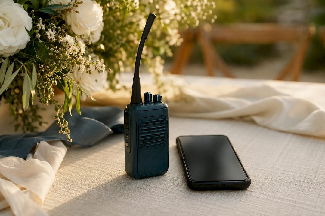 Two-way radio and smartphone on table