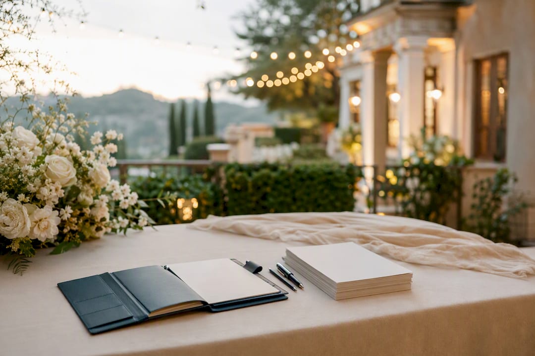 Event one-sheet and notebook on table