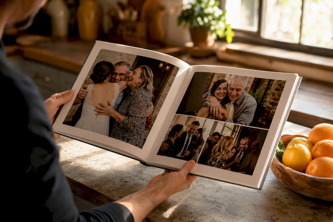 Open parent wedding album with candid family photos