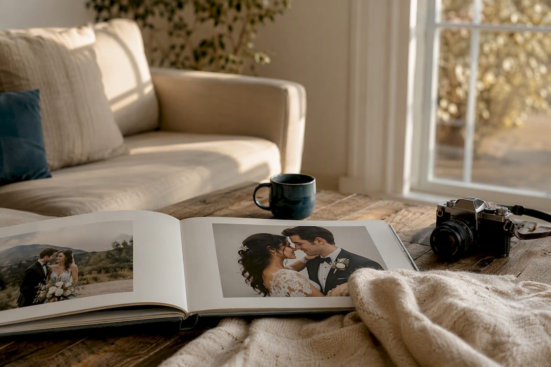 Open wedding photo album on wooden table