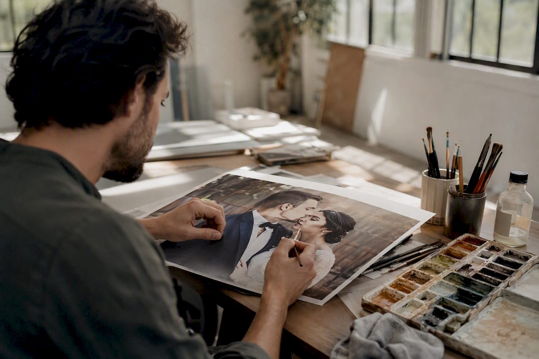 Hands retouching wedding photo with brush