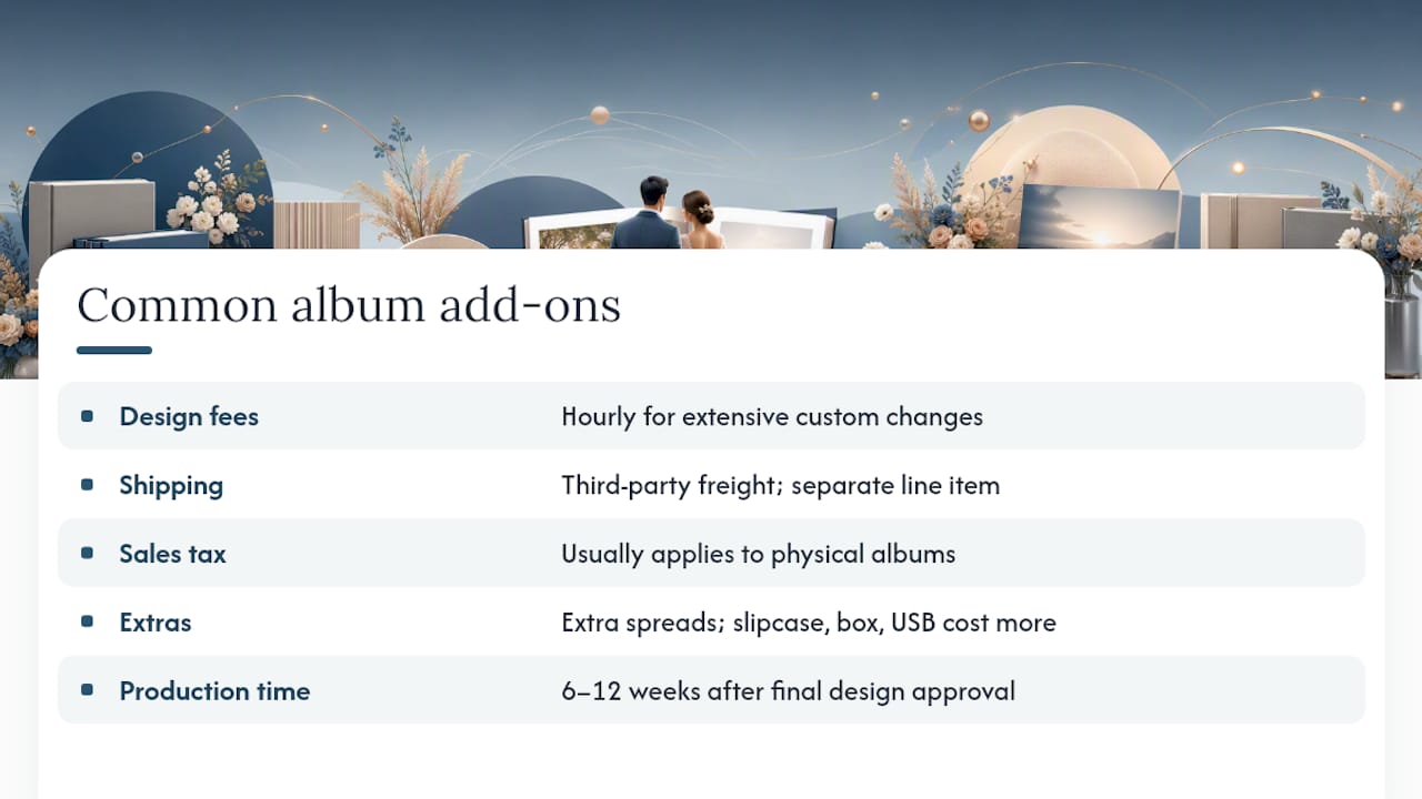 Wedding album add-ons and production timeline