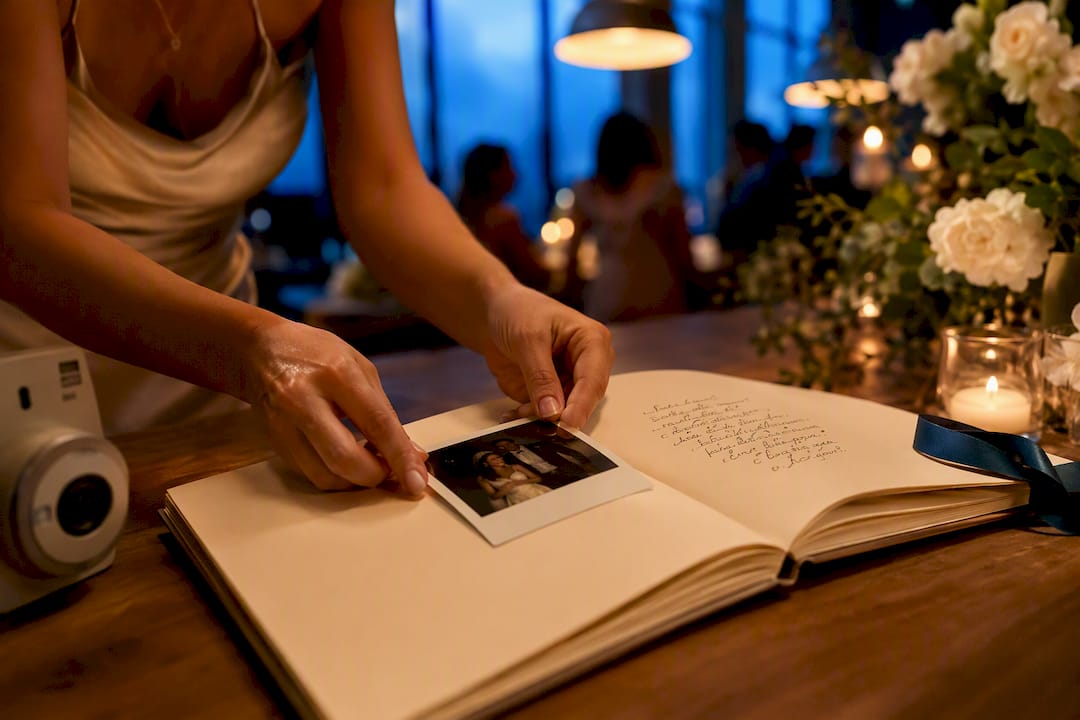 Hands adding an instant photo to wedding guest book
