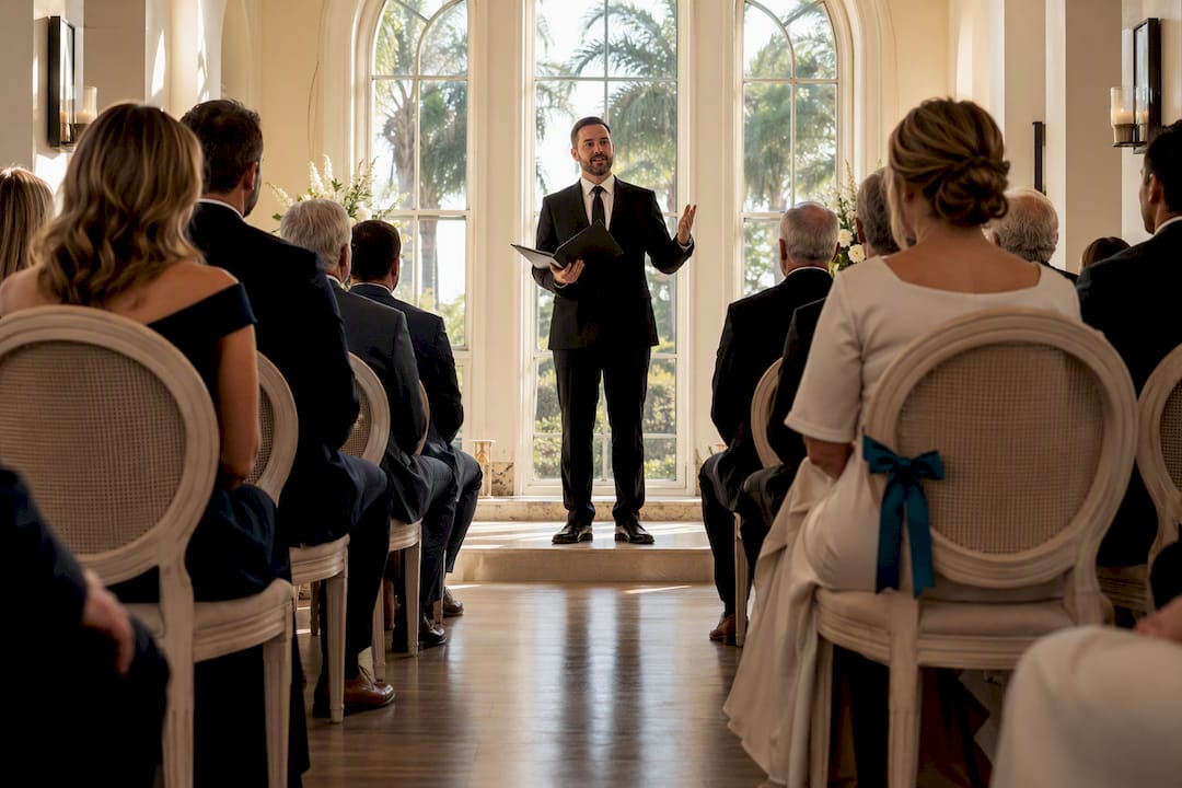 Officiant addressing seated ceremony guests