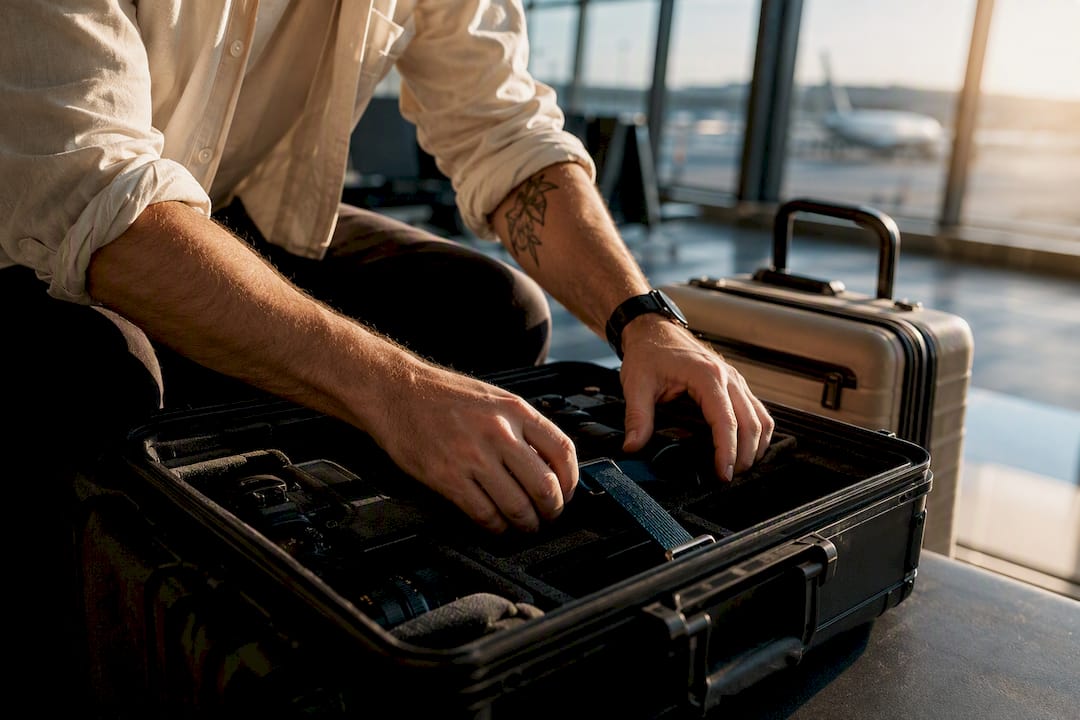 Photographer packing equipment for destination wedding travel