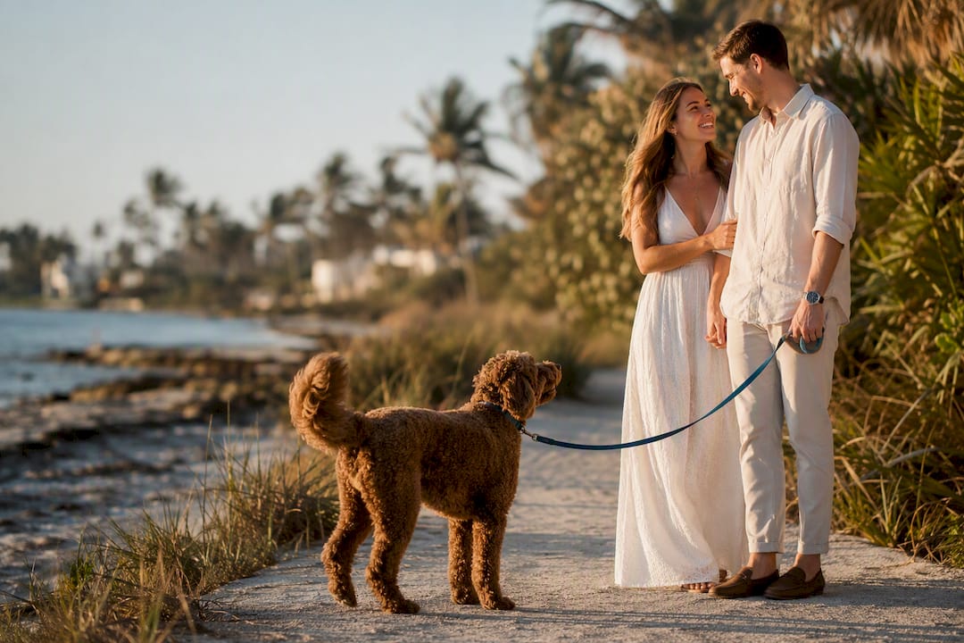 Couple and dog during golden-hour engagement photos