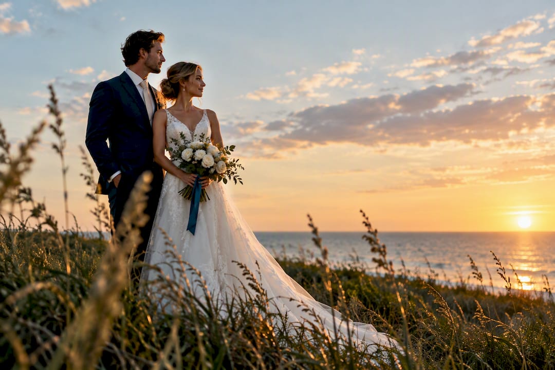 Newlywed couple during Florida sunset portraits