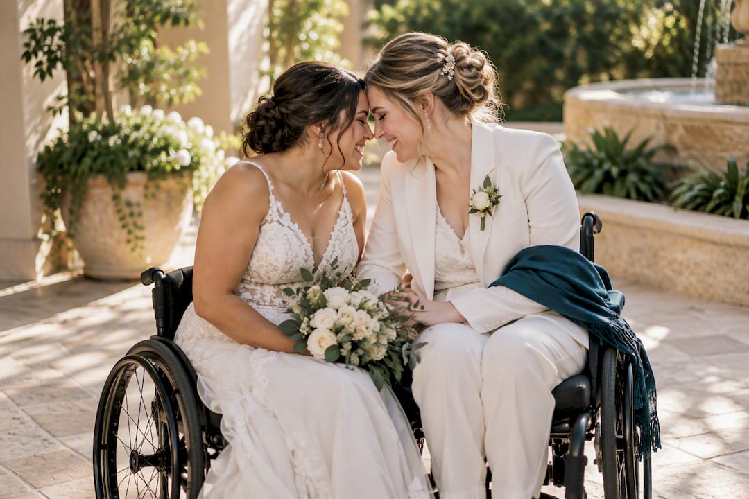 Wheelchair-using couple in an adapted wedding pose