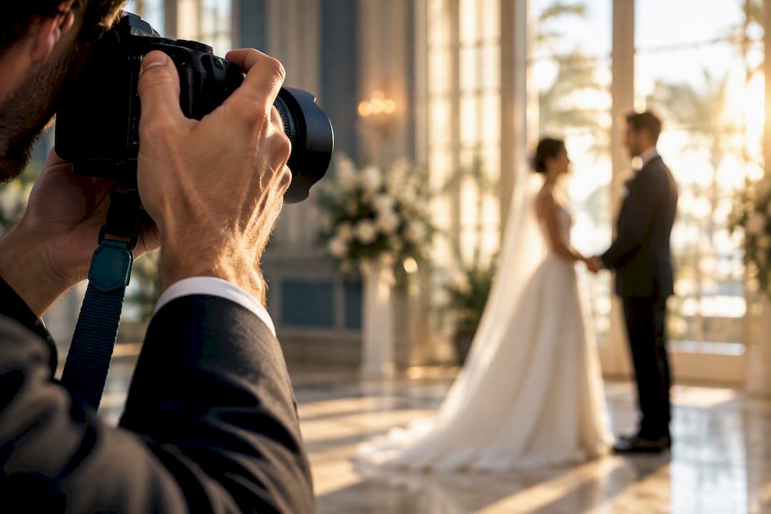 Photographer capturing a wedding ceremony moment