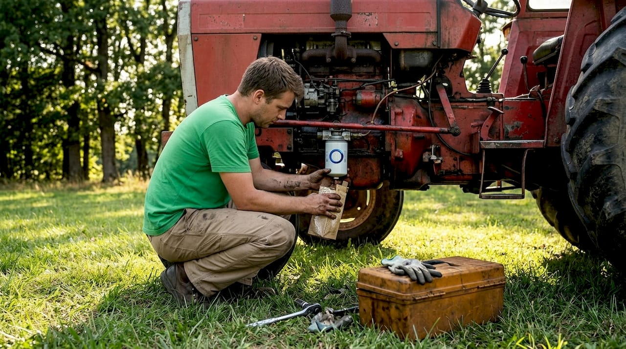 Un technicien en pleine installation d’un filtre hydraulique sur un tracteur.