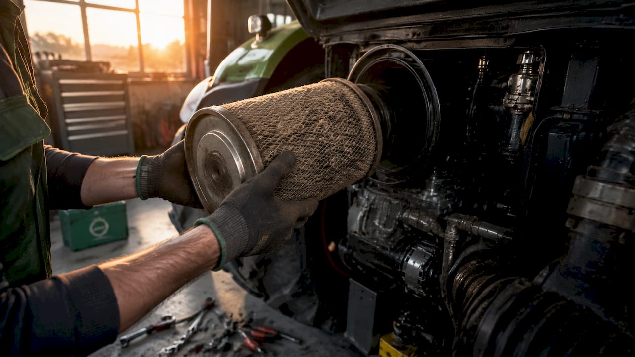 On voit quelqu’un changer le filtre à air d’un tracteur, directement à l’extérieur.