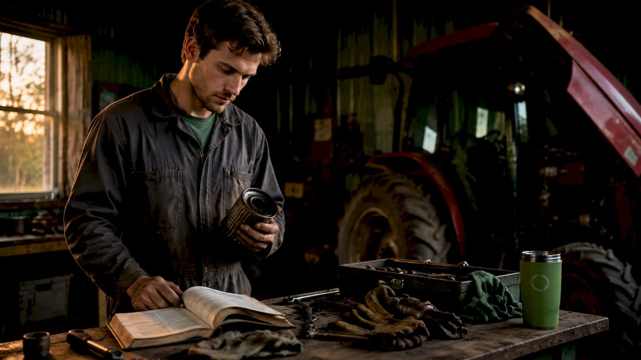 Un mécanicien examine le filtre à huile d’un tracteur dans l’atelier.