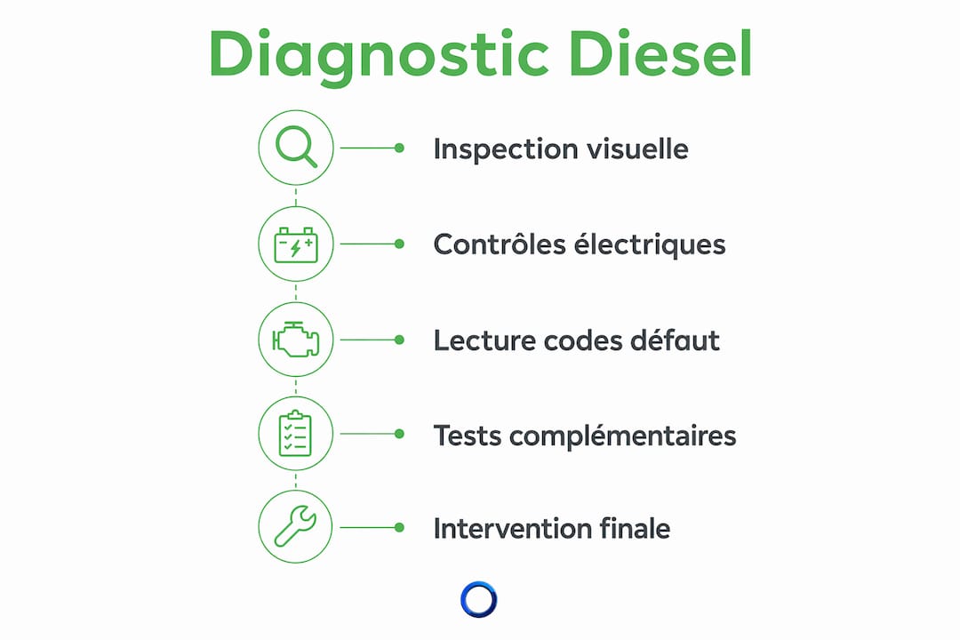 Schéma des différentes étapes pour réaliser un diagnostic moteur sur un tracteur diesel