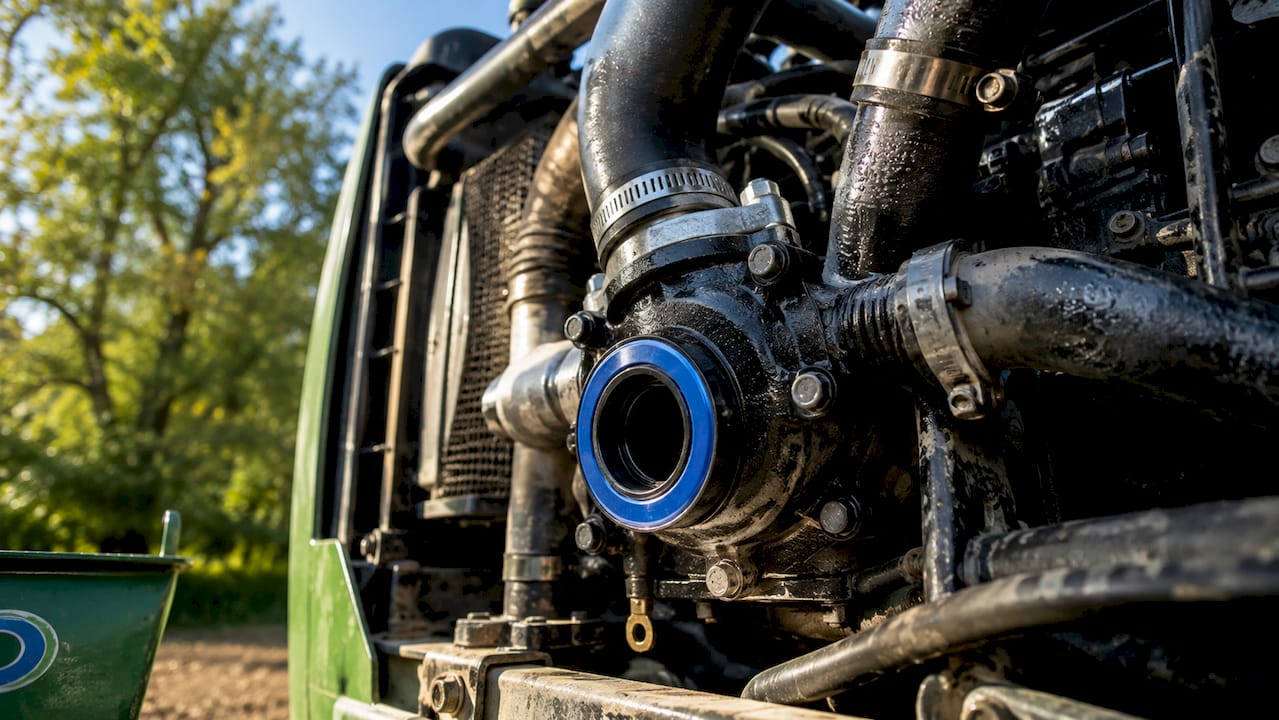 Zoom sur la pompe à eau du moteur de tracteur