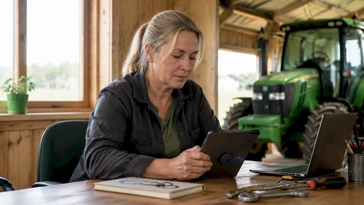 Un agriculteur consulte le manuel numérique de son tracteur directement depuis la cabine.